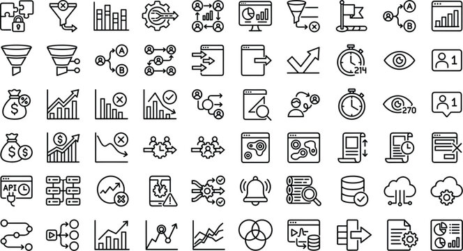 Marketing automation analytics outline icon set with funnel optimization lead tracking and campaign performance symbols for app design