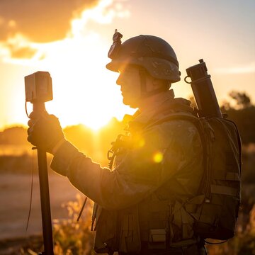 Soldier aims device at golden sunrise, tactical gear