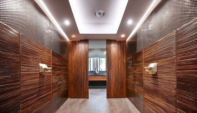 modern public restroom with stylish mirrors and wood cabinets clean design and contemporary architecture