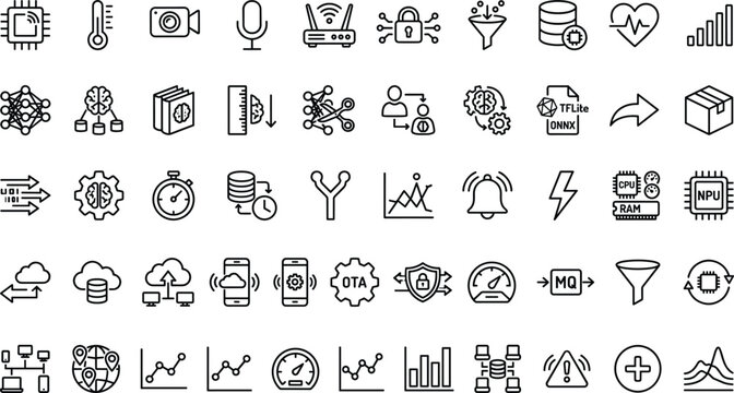 Edge AI monitoring outline icon set with IoT sensors data processing and device analytics symbols for app design