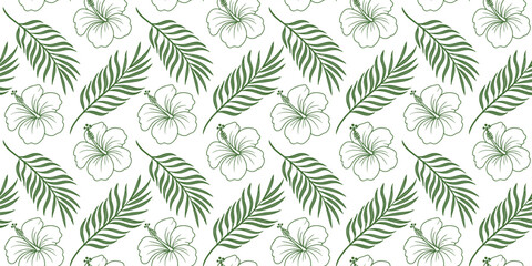 Seamless tropical floral pattern with palm leaves and delicate hibiscus flowers in botanical style. Decorative exotic background for wallpaper, fabric, textile, wrapping paper, and surface print  © Khadiza