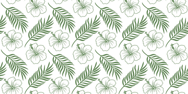 Seamless tropical floral pattern with palm leaves and delicate hibiscus flowers in botanical style. Decorative exotic background for wallpaper, fabric, textile, wrapping paper, and surface print 
