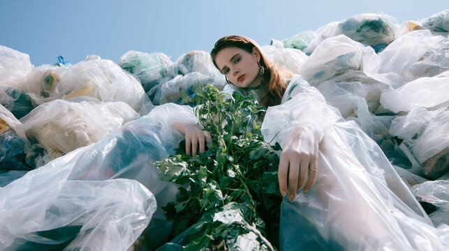 Young woman sits among piles of plastic waste wearing a clear outfit and holds green plants in bright daylight