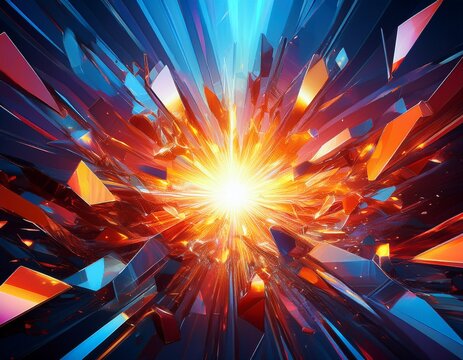 abstract image of shattered glass shards radiating from a central light source representing explosion impact and dynamic energy or technology