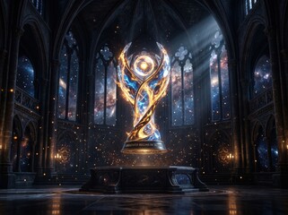 Fototapeta premium Epic fantasy trophy with cosmic energy in ancient gothic hall