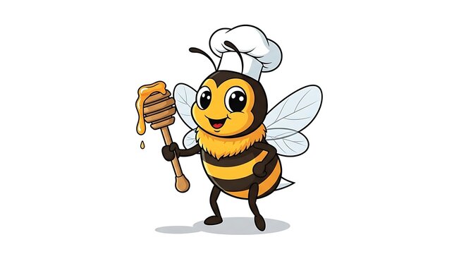 A cheerful bee wearing a chef hat holds a dripping honey dipper.