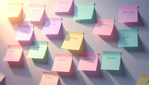 Colorful pastel sticky notes scattered with cursive handwriting, creative brainstorming and planning concept illuminated by soft sunlight for office and lifestyle visuals