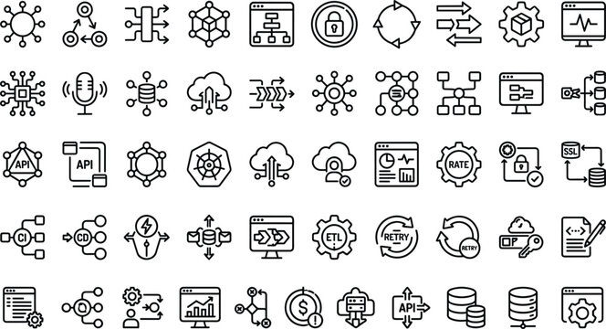Software architecture outline icon collection with API integration cloud security and development workflow symbols for app design