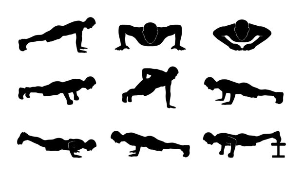 Fitness Silhouette Set: Diverse Push-Up Variations, Exercise Poses, Workout Icons, Bodyweight Training, Athletic Silhouettes for Health and Wellness Graphics