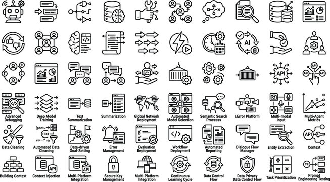 AI data engineering workflow outline icon set with automation model training and deployment symbols for app design