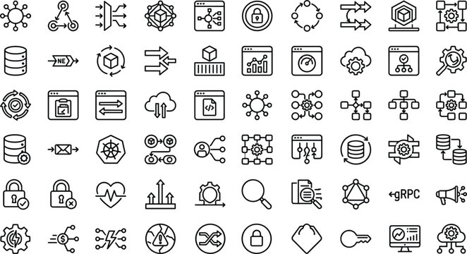 Software architecture outline icon set with cloud integration database security and API development symbols for app design