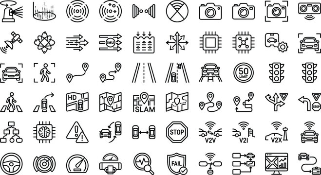 Autonomous driving outline icon collection with vehicle sensors navigation road safety and smart mobility symbols for app design