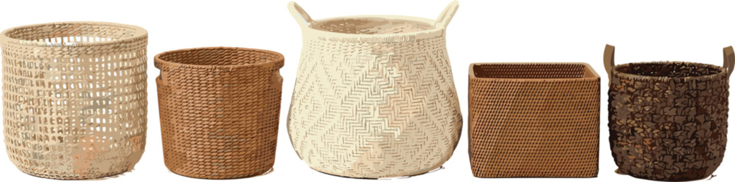 Woven Storage Basket Illustration Collection with Rustic Handmade Containers and Natural Fiber Home Organizer Designs