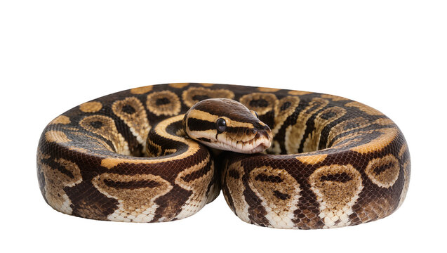 Isolated ball python snake neatly coiled up showcasing its stunning natural markings