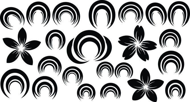 Black and white floral pattern with swirling shapes and plumeria flowers