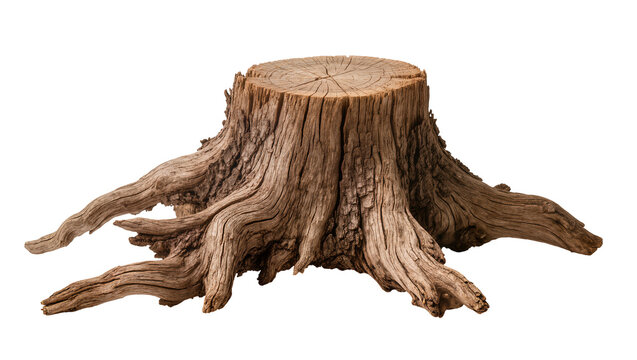 Isolated ancient weathered tree stump with intricate gnarled roots, organic natural wood texture.