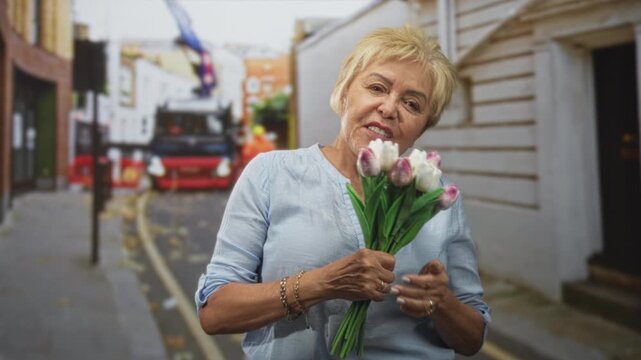 Woman hugs bouquet of pink tulips with hands at chest, head tilted and smiling on a city street; joyful gratitude.