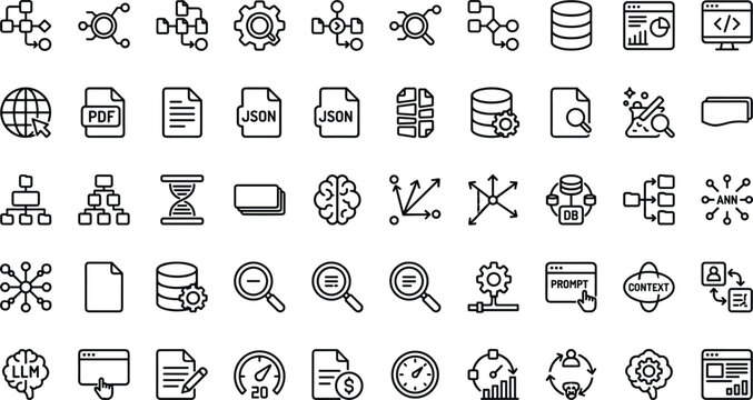 Knowledge graph data processing outline icon set with AI search database and document workflow symbols for app design