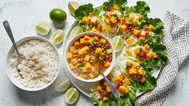Fresh mango salsa with rice and lettuce wraps overhead composition
