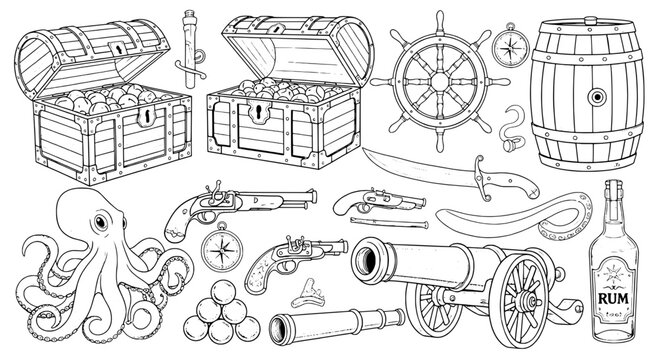 Treasure pirate items line art with cannon, ship wheel, rum bottle, coins, compass, kraken, and chests for nautical graphics