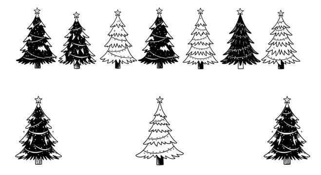 Trees Christmas set with various styles and decorations featuring black and white, line art, vector illustration with holiday season and winter