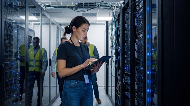 Female IT professional working on tablet in active server room data center.
