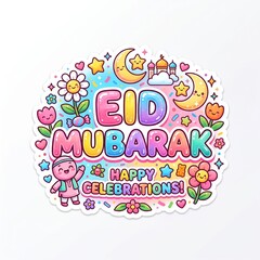 Obraz premium Colorful Eid Mubarak Clipart Stickers Bundle | Cute Cartoon Floral Islamic Designs PNG