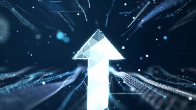Luminous digital elements converge to form a brilliant abstract success icon on a sleek sapphire-obsidian gradient background with subtle dolly push-in, radiating digital innovation and growth