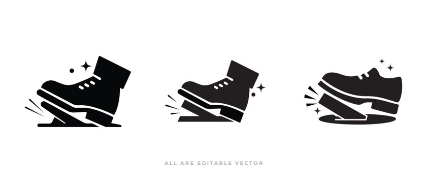 Foot pedal silhouette icon sign set. shoe step on lever, flat vector illustration