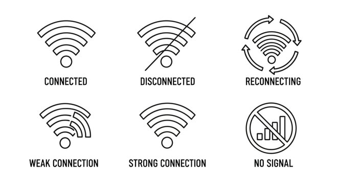 Wifi connection status icons set with connected, disconnected, reconnecting, weak, strong, and no signal.