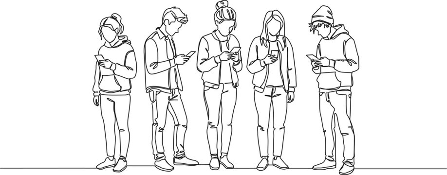continuous line drawing of group of teenagers standing together, all looking at their smartphones, line art vector illustration