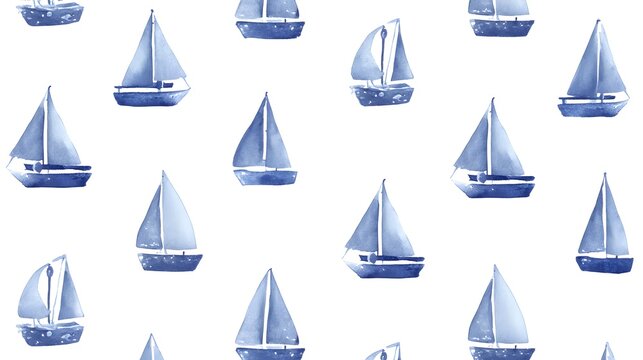 watercolor nautical illustration pattern with navy sailboats. Simple hand-painted yacht illustration for nursery wallpaper and kids fabric design.