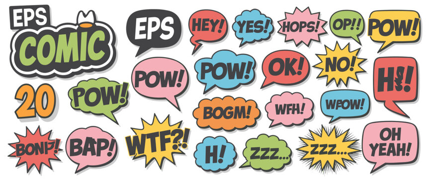 Collection of comic book speech bubbles with various sound effects and exclamations