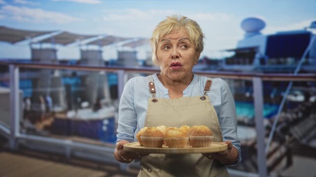 Woman holds tray of muffins with hands, wearing apron and smiling on cruise ship deck by a railing in building; warmth hospitality.