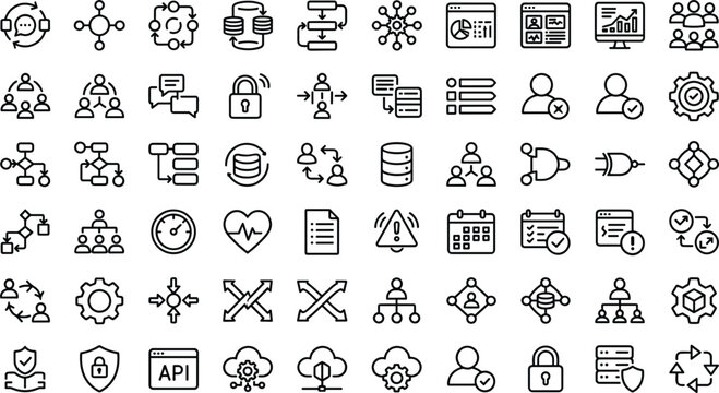 Business workflow management outline icon set with team collaboration network process and software automation symbols for app design