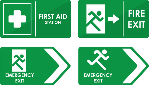 Emergency signage set featuring first aid station and fire exit directional arrows on transparent background