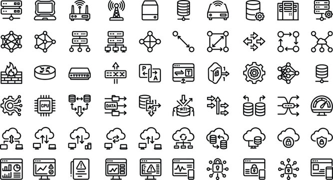 Cloud computing infrastructure outline icon set with servers networking data security and technology symbols for app design