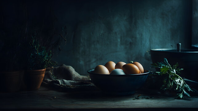 Brown and white egg in ceramic bowl on rustic wooden table with herbs and potted plant moody cinematic light creating cozy still life atmosphere