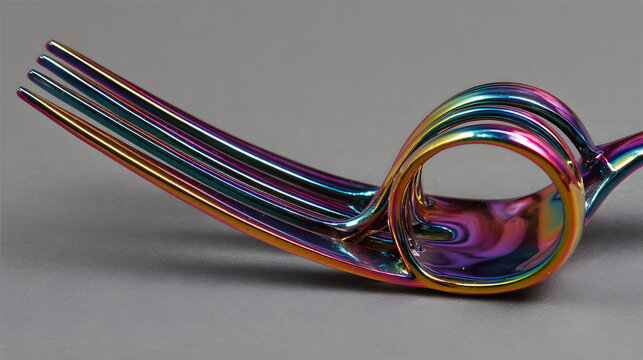 Iridescent rainbow fork with twisted loop and reflective metal surface, close up still life showing colorful chrome finish and smooth curved tines creating abstract composition