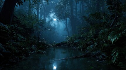 Fototapeta premium Moonlit tropical jungle at night with mist and reflective water