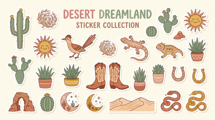 Desert Dreamland sticker collection, boho western vector elements with cactus and cowboy boots, rustic southwest desert landscape illustrations © DesignAura