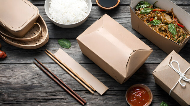 Brown kraft takeout boxes rice bowl noodle box with basil and chopstick on rustic wooden table, appetizing asian meal packaging and dipping sauce in casual dining setting