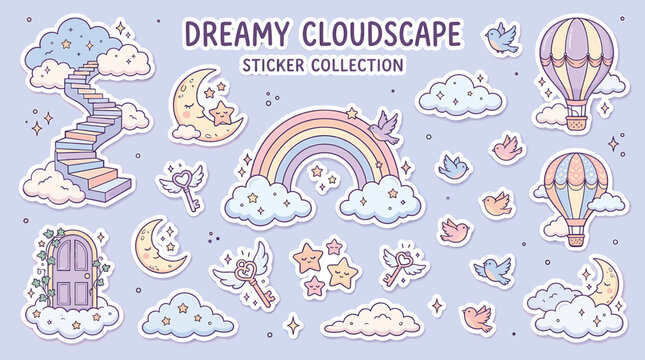 Dreamy cloudscape sticker collection, pastel celestial vector elements with rainbow and hot air balloons, whimsical sky aesthetic for scrapbooking