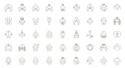 Obraz premium Set of light gray icons depicting people in business meetings and group collaborations.