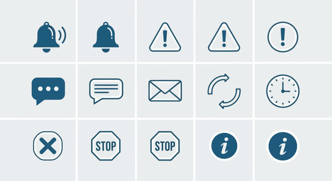 Collection of blue and teal notification alert, warning, and information icons.