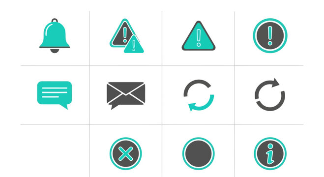 Set of teal and gray notification alerts, warning, message, refresh, and info icons.