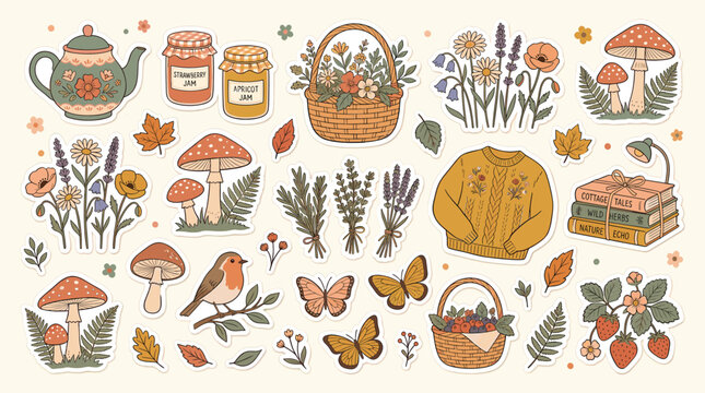 Cottagecore aesthetic vector sticker set, rustic autumn forest elements with mushrooms and wildflowers, cozy fall clip art collection for scrapbooking