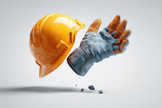Hyper-detailed 3D render of a worker's glove mid-air catching a falling hard hat, frozen moment, white studio background, labor safety concept, product photography quality