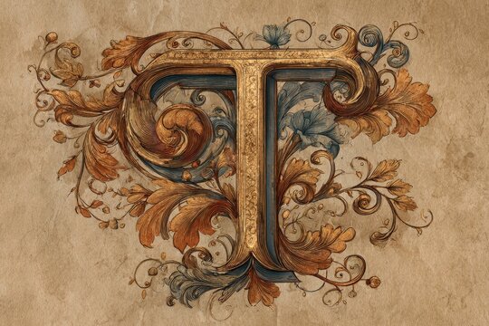 Ornamental Script Letter T: Vintage Flourished Monogram Initial