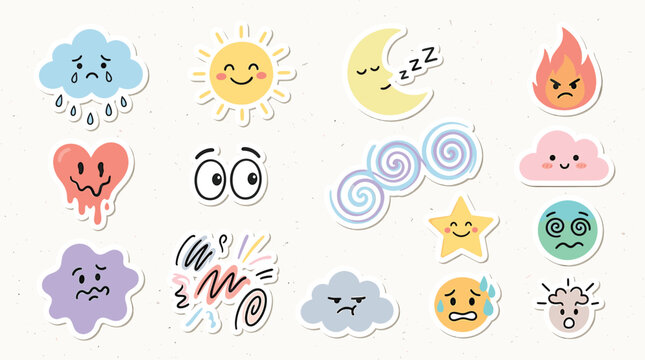 Kawaii weather and emotion stickers, cute cartoon character set with sun moon and clouds, expressive mood icons for planners and digital journaling